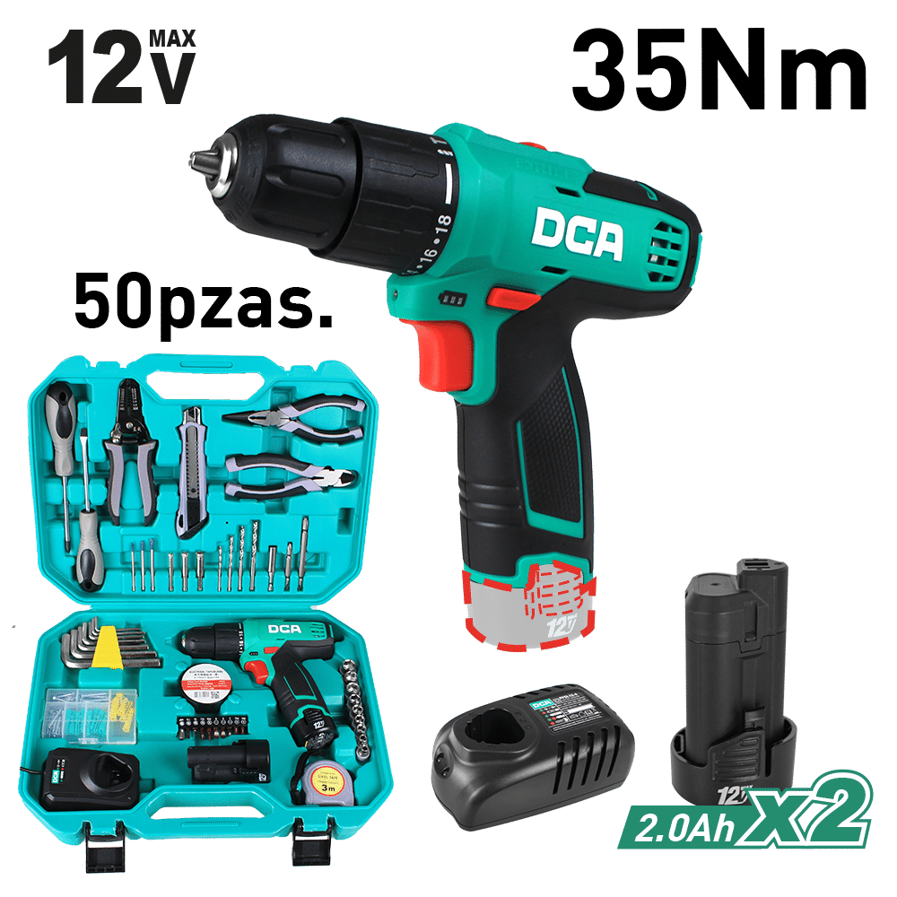SET TALADRO PERCUTOR 12V 2.0AH + ACC 50PCS