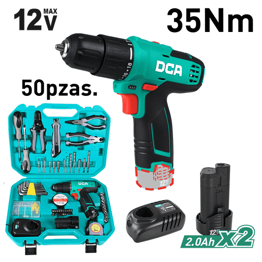 SET TALADRO PERCUTOR 12V 2.0AH + ACC 50PCS